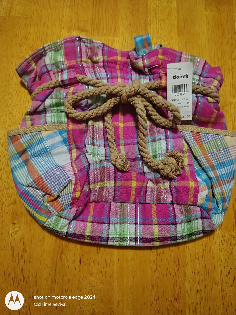 Claire’s Y2K Multicolor Plaid Drawstring Tote Bag NWT